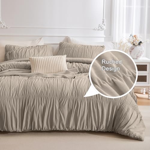 Masaca 120x120 Oversized Comforter King Size,Linen Like Textured Ruched California King Bed Comforter Set Soft Lightweight Fluffy Ruffle Farmhouse Shabby Bedding Set 3PCS