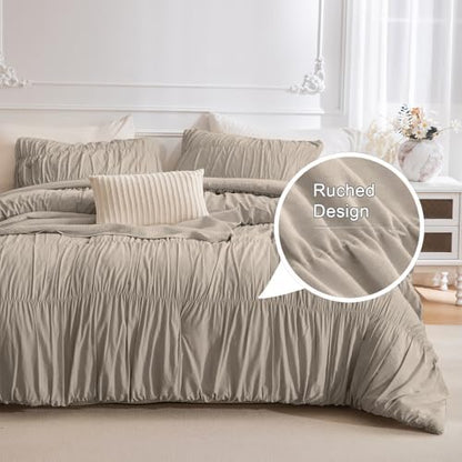 Masaca 120x120 Oversized Comforter King Size,Linen Like Textured Ruched California King Bed Comforter Set Soft Lightweight Fluffy Ruffle Farmhouse Shabby Bedding Set 3PCS