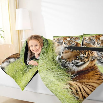 Erosebridal Tiger Bedding Set Queen,Safari Animal Comforter Set for Kids Boys Teens Adults Men,Tigers Family Down Comforter Cool Wildlife Bedding Sets Green African Grassland Quilt Duvet Set 3 Pcs