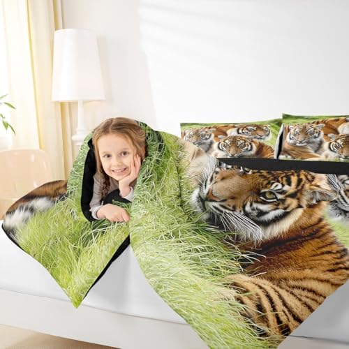 Erosebridal Tiger Bedding Set King,Safari Animal Comforter Set for Kids Boys Teens Adults Men,Tigers Family Down Comforter Cool Wildlife Bedding Sets Green African Grassland Quilt Duvet Set 3 Pcs