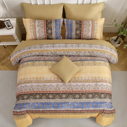 Cottolester Boho Full Comforter Set,Yellow Bohemian Striped Bed in a Bag