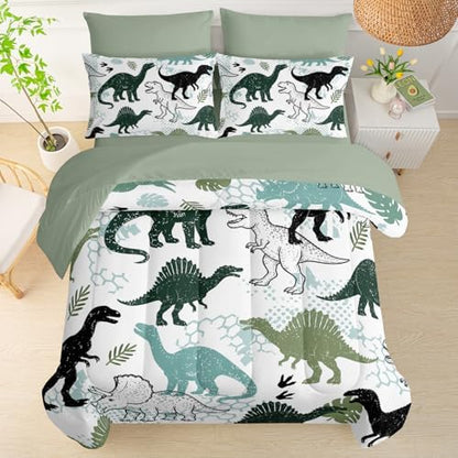 QOOMO Dinosaur 7 Pieces Comforter Set Full,Dinosaurs Bedding Set for Kids