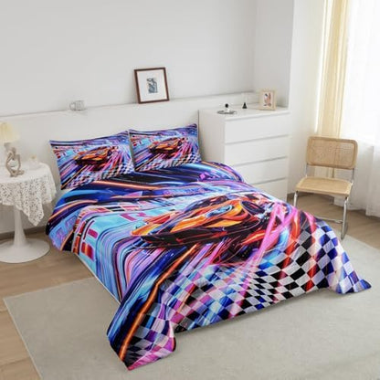 Erosebridal Orange Racing Car 3 Piece Bedding Set King Size Extreme Sport Comforter Set with Pillowcases for Kids Boys Girls Teens Toddler Race Car Room Decor Black White Flag Bed Set,Orange Blue