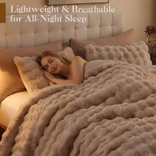 YIKUSH King Faux Fur Soft Comforter Set, Fluffy Linen Rabbit Fur Comforter