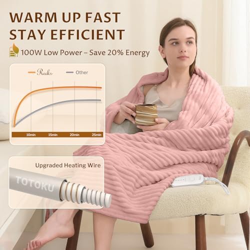 Reaks Heated Throw Blanket, 5 Heat Levels, 3 Hours Auto-Off, 50"x60", Pink