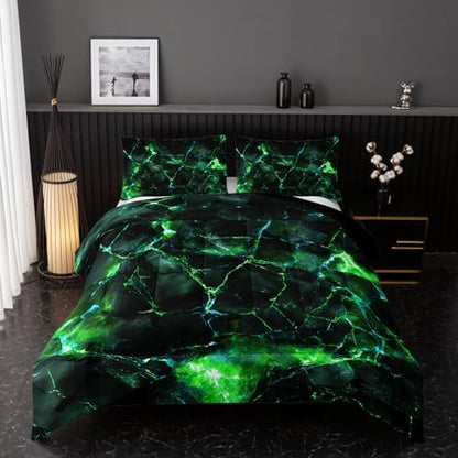 Nttopship Green Comforter Set King Size，Green Marble Bedding Set 3 Pcs Bedding for Adults, Marble Room Decor with Comforter and 2 Pillowcases Soft and Lightweight B-Side Black