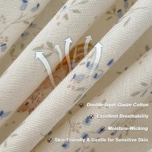 VM VOUGEMARKET Girl's Romantic Ruffle Lace Duvet Cover Queen Vintage Flower with Cute Rabbit Comforter Cover Muslin Cotton Linen Like Gauze Princess Bedding Set