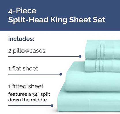 Flex Top Split Head King 4 Piece Sheet Set - Comfy Breathable & Cooling Bed Sheets Set - Hotel Luxury Bedding for Women, Men, Kids, Teens, Boys & Girls - Deep Pockets, Ultra-Soft - Oeko-Tex - Spa Blue