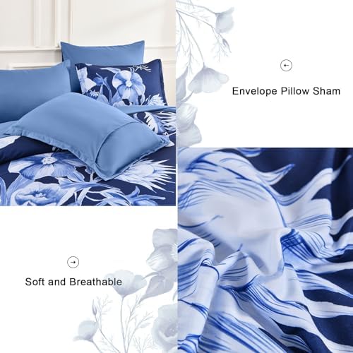 Luxudecor Floral Comforter Set King Size 7 Piece, Navy Blue Flower Bed in a Bag, Elegant Floral Comforter with Sheet Set, Soft Microfiber Bedding Set for All Season (Navy Blue, 104"x90")