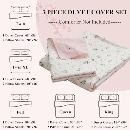 Floral Girls Duvet Cover Full Size 100% Cotton Pink Floral Duvet Cover Chic Garden Style Botanical Flower Bedding Set Lightweight Soft Aesthetic Floral Comforter Cover with 2 Pillowcases, No Comforter