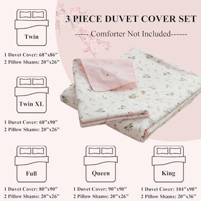 LifeTB Garden Style Duvet Cover Floral Print Bedding Sets King Pink White Floral Comforter Cover Cotton Chic Flower Print Duvet Cover for Girl Women Boho with Zipper Closure 4 Ties