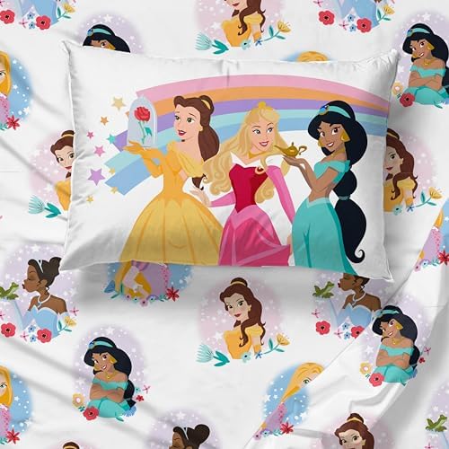 Sunny Side Up Disney Princess Twin Sheet Set - 3 Piece Kids Bedding Set Includes Pillow Cover – Super Soft Rainbow Microfiber Sheets Features Moana, Belle & Rapunzel