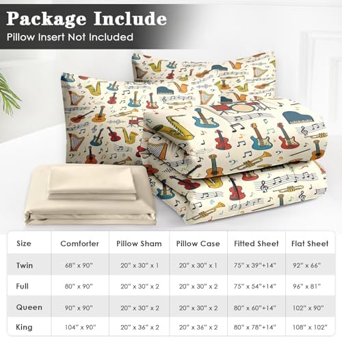 WeCozy Twin Comforter Set with Sheets, 5 Pieces Music Retro Bedding