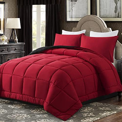 DOWNCOOL Full Size Comforter Sets -All Season Bedding Comforters Sets with 2 Pillow Cases -3 Pieces Bed Set Down Alternative Comforter Set -Red/Black Bedding Sets Full(82"x86")
