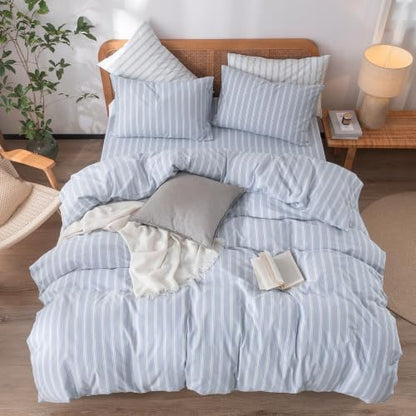 BESTOUCH Striped Cotton Duvet Cover Set Linen Feel California King