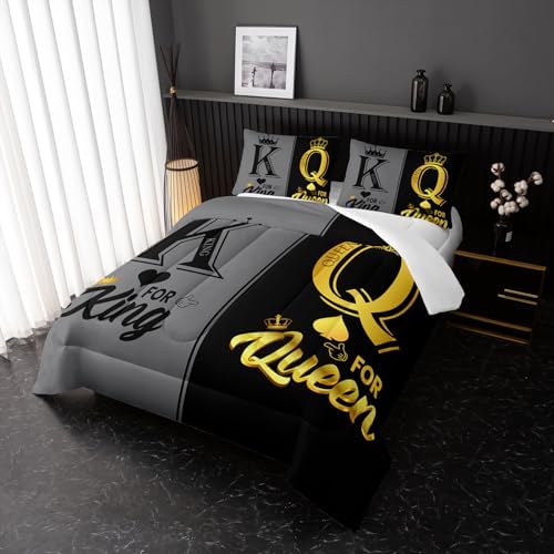 Nttopship King and Queen Crown Comforter Set Black and Gray Couple Bedding Set，3Pcs Mr Mrs Comforter Set for Adults Couple Men Women,His and Hers Quilt Set 2 Pillowcases Bedroom Decor Queen