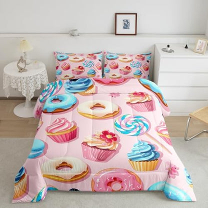 Homewish Donuts Comforter Set Twin Size,Cake Sweets Bedding Set 2pcs for Kids Girls Teens Room Decor,Cartoon Desserts Themed Duvet Insert Sets Pink Gourmet Quilted Duvet Set with 1 Pillowcase