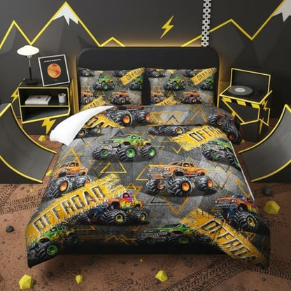 Queen Size Monster Truck Comforter Sets for Boys，Monster Truck Queen Size Bedding Sets Boys，with 1 Comforter with 2 Pillow Case，Kids Monster Truck Themed Bedroom Decor