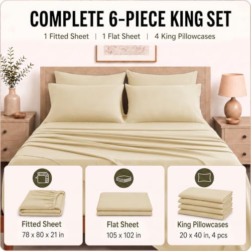 CozyLux King Size Sheets Set 6-Piece, 21-Inch Deep Pocket, Soft Feel