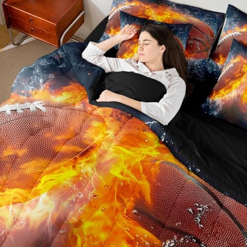 Erosebridal Rugby Football Basketball Themed Comforter 7Pcs - 3D Gaming Sport Bedding Set for Kid Teen Girl Boy Adult Balls Sports Games Ice and Fire Ball Pattern Bed in A Bag King Size