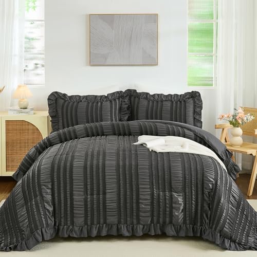 WONGS BEDDING King Size Comforter,Dark Grey Boho Comforter Set King, Shabby Chic Bedding Set for Bed, 3 Pieces Soft Lightweight Farmhouse Comforter for All Season 104"×90"