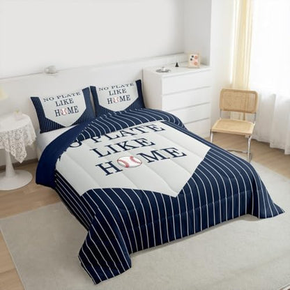 Castle Fairy Baseball Full Size Comforter Set Sports Theme Bedding Set for Kids Adults Teens Navy Stripes Comforter Luxury Sports Baseball Quilt Set Room Decor 3Pcs