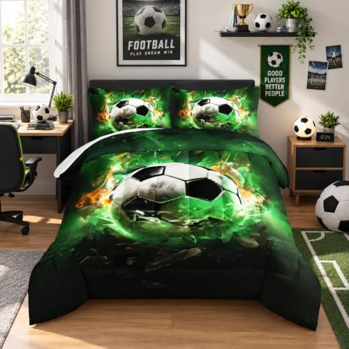 Green Soccer Bedding Comforter Set Twin Size with 2 Pillowcases.