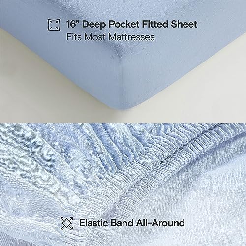 Sijo Stone Washed Organic French Linen Bed Sheet Set, GOTS Certified Organic, Best Cooling Linen Sheet Award by Sleep Foundation, 4 Piece - 2 Pillowcases, 1 Fitted and 1 Flat (Sky, Cal King)