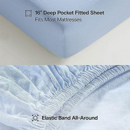 Sijo Stone Washed Organic French Linen Bed Sheet Set, GOTS Certified Organic, Best Cooling Linen Sheet Award by Sleep Foundation, 4 Piece - 2 Pillowcases, 1 Fitted and 1 Flat (Sky, Full)