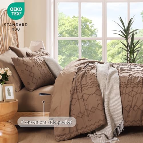 Queen Comforter Set Brown Tufted Boho Geometric Bedding Sets 7 Pieces