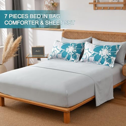 Anibedding Teal Floral Comforter Set King Size 7 Piece, Teal Blue Flower Bed in a Bag, Elegant Botanical Floral Comforter Soft Microfiber Complete Bedding Set for All Season, (Teal, 104"x90")