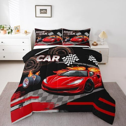 Feelyou Kids Red Race car Comforter Set Full Size Boys Girls