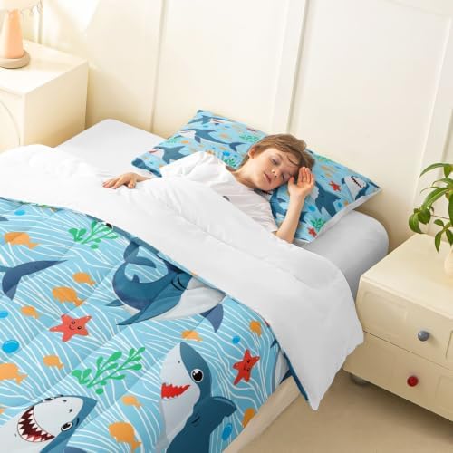 Cute Shark Comforter Set Twin Size,Fish Coral Bedding Set 2pcs for Kids Teens Boys Girls Room Decor,Mysterious Under Sea Animals Plants Themed Quilt Set Cartoon Blue Duvet Insert with 1 Pillowcase