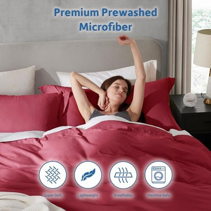 Hearth & Harbor Prewashed Queen Duvet Cover Set, Burgundy Red