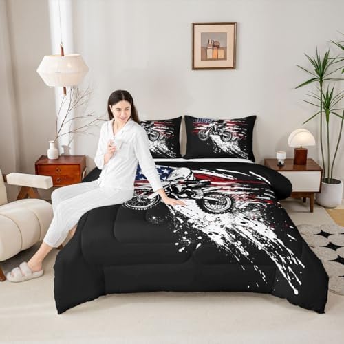 Feelyou Dirt Bike Rider Bedding Set Soft for Boys Girls, Splatter Print Comforter Set Queen Off-Road Racing Duvet Quilt Microfiber Outdoor Sports Bedroom Decor Motocross Art 3 Pcs with 2 Pillow Cases