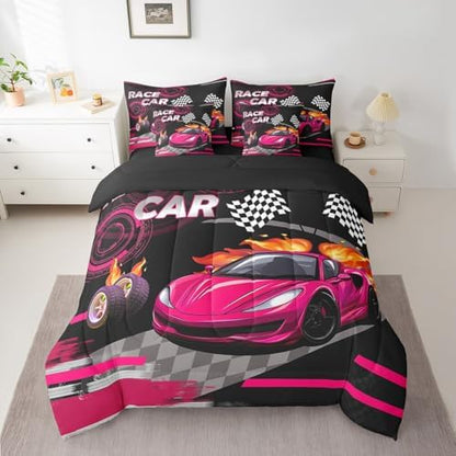 Feelyou Rose Pink Race car Comforter Set Full Size 7 Pcs Bedding Set Kids