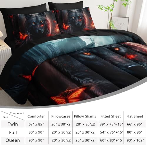AILONEN Boys Wolf Comforter Set Queen,7-Piece Black Wolf Bed in a Bag Printed Bedding Set,Soft Comforter & Fitted Sheet & Flat Sheet & 2 Pillowcases,2 Pillow Shams