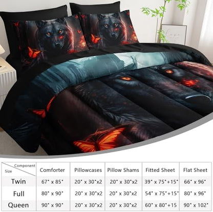 AILONEN Boys Wolf Comforter Set Queen,7-Piece Black Wolf Bed in a Bag Printed Bedding Set,Soft Comforter & Fitted Sheet & Flat Sheet & 2 Pillowcases,2 Pillow Shams