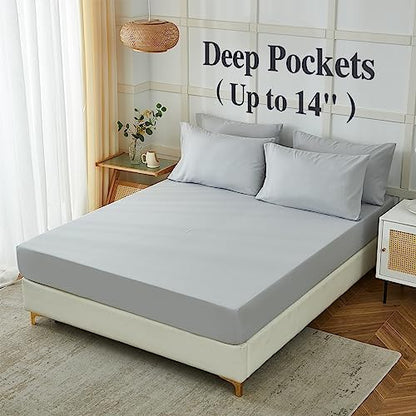 ILAVANDE King Size Sheets Set 6 Piece,Hotel Luxury Super Soft 1800 Series Microfiber Grey Bed Sheets King Set-Wrinkle Free & Breathable-14 Deep Pocket Sheets for King Size Bed(King,Light Grey)