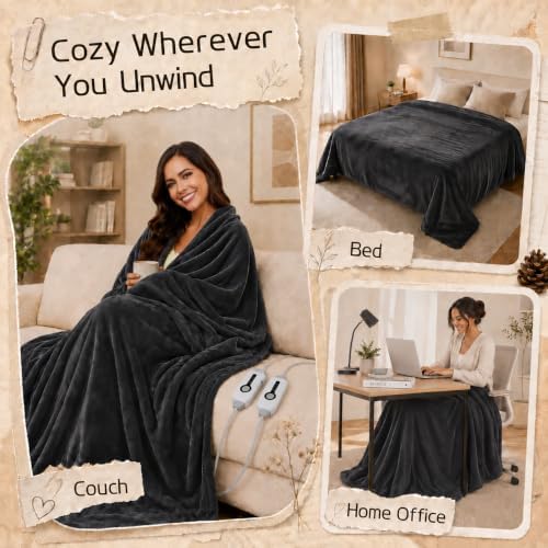 Electric Heated Blanket Queen Size 84"x90", Dual Controllers, Dark Gray