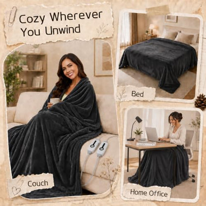 Electric Heated Blanket Queen Size 84"x90", Dual Controllers, Dark Gray