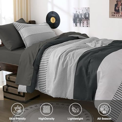 Kids Comforter Sets for Boys&Girls,Dark Gray Striped Comforter Twin Size