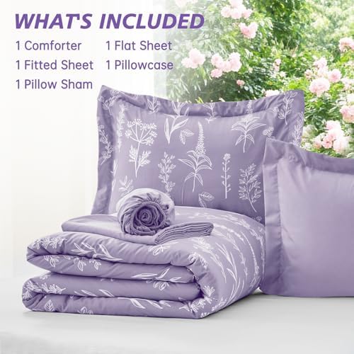 MUXHOMO Lavender TwinXL Comforter Set, Elegant Floral Print Bed in a Bag 5 Pieces, Ultra Soft & Breathable Reversible Botanical Pattern Bedding Set with Comforter, Sheets, Pillowcase, and Sham