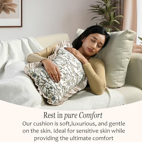 CPC Block Print Cocoa Vine Ruffle Cotton Lumbar Pillow Cover 12x20 inch