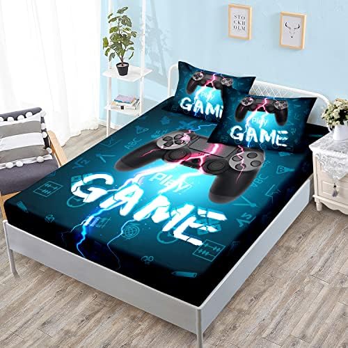 HOSIMA Gamepad Print Gamer Bedding Sets Full,1 Fitted Sheet+2 Pillowcases.