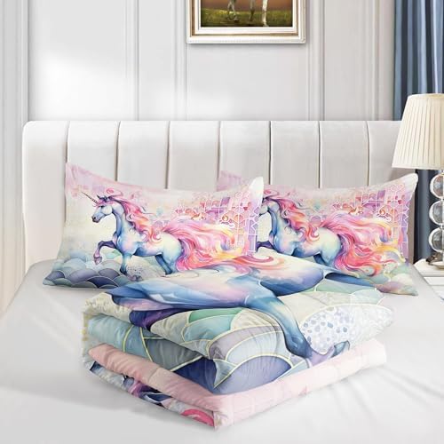 Nttopship Pink Fantasy Unicorn Comforter Set Queen Rainbow Scales Unicorn 3pcs Bedding Set for Girls Boys Kids Cartoon Down Alternative Soft Lightweight Comforter with 2 Pillowcases All Season