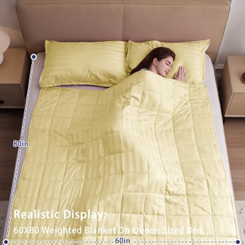 Weighted Blanket for Adults (15 lbs, 60" x 80", Mustard yellow Stripes) Heavy Blanket for Sleeping Perfect for 140-160 lbs, Queen Size Breathable Blanket with Premium Glass Bead, Machine Washable