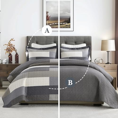 Finlonte King Quilt Bedding Set - 100% Cotton King Quilt Sets with 2 Pillowshams, Farmhouse Plaid Stripe Quilted Bedspread, Lightweight Soft Comforter for All Season, Charcoal/Brown/Beige/Gray