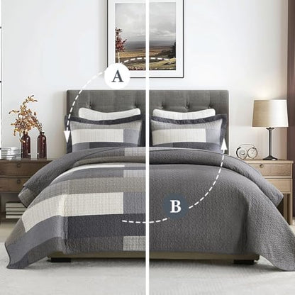 Finlonte King Quilt Bedding Set - 100% Cotton King Quilt Sets with 2 Pillowshams, Farmhouse Plaid Stripe Quilted Bedspread, Lightweight Soft Comforter for All Season, Charcoal/Brown/Beige/Gray