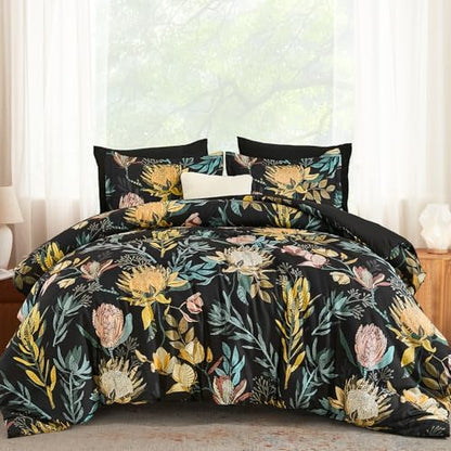 Luxudecor Queen Comforter Set 7 Pieces Bedding Sets, Black Floral Comforter and Sheet Set, Soft Microfiber Bed in a Bag for All Seasons (Black,90"x90")
